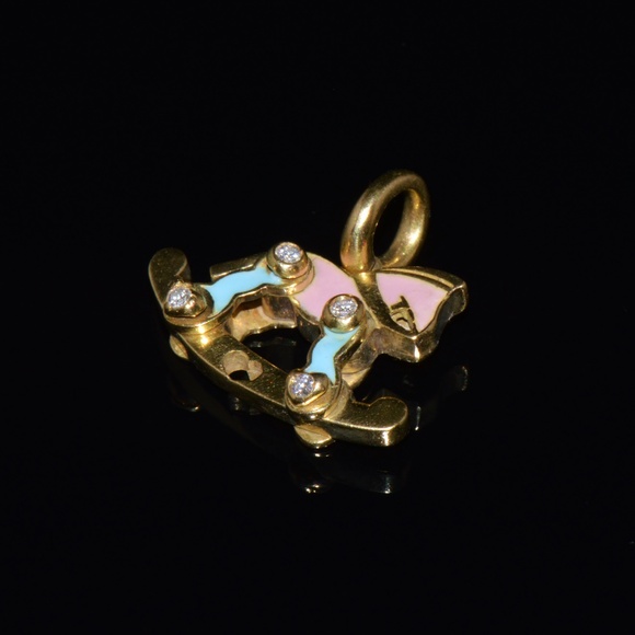 DESIGNER AARON BASHA NATURAL DIAMOND & ENAMEL SOLID 18K GOLD ROCKING HORSE CHARM - Picture 3 of 11